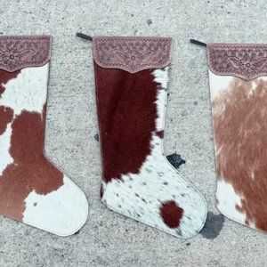 Hand Tooled Leather Cowhide Christmas Stockings